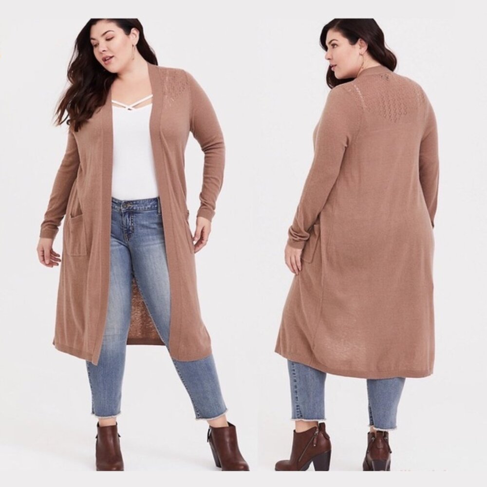 torrid Long Open-Front Duster Cardigan in Camel Brown new with tags